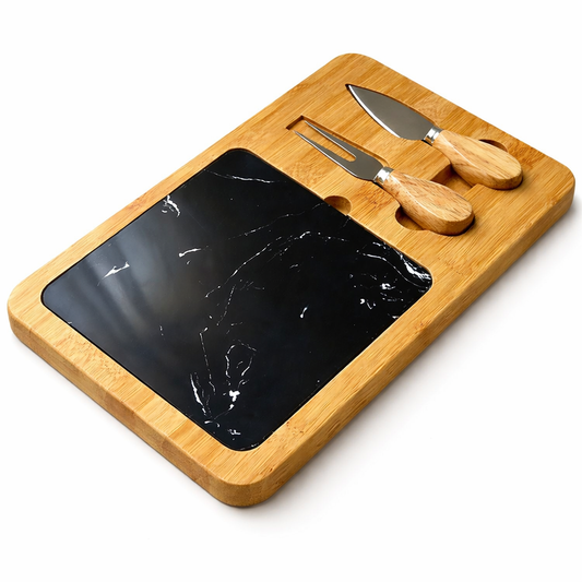 Tabla de Quesos Moderna en Bambú y Mármol | Set con 2 Cubiertos