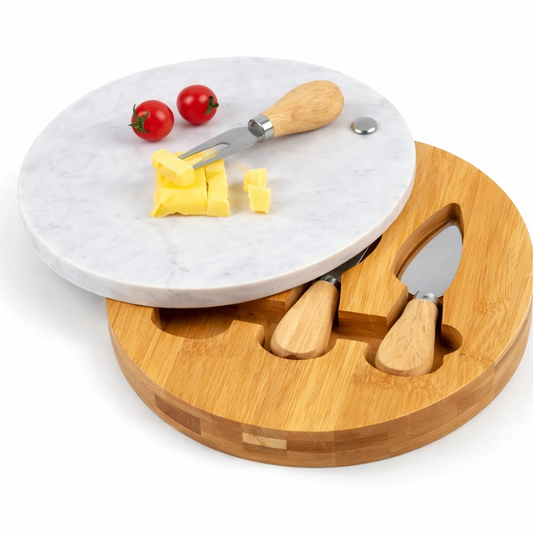 Tabla para Quesos Circular Gourmet | Mármol y Bambú con 3 Utensilios
