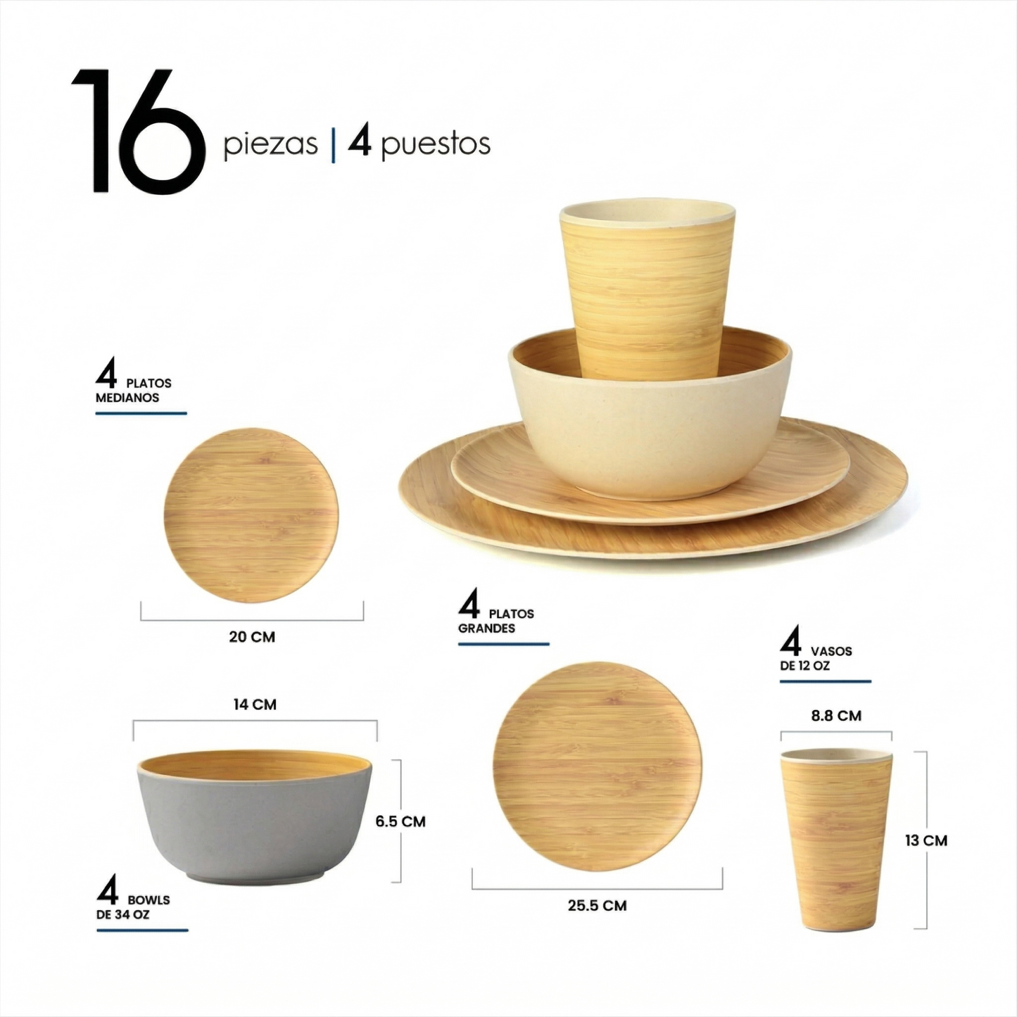 Vajilla Ecológica en Fibra de Bambú (16 piezas) | Juego de 4 Puestos